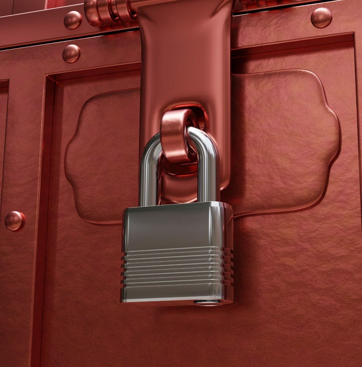 Old red pirate trunk closed, locked. Treasure chest padlock close up. Safe fortune. 3d render
